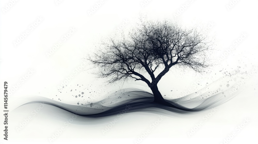 Poster elegant silhouette of a lone tree against a soft white background with flowing abstract elements cre