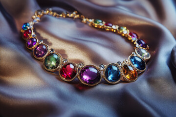 Vintage Necklace Multicolored Stones Festive Opulence Silk Background