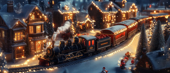 Obraz premium Christmas Village Train: Retro Holiday Scene 3D Render