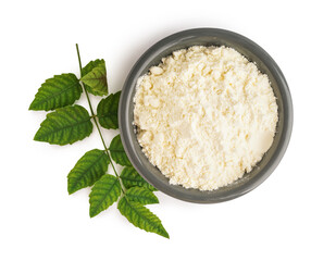 Bowl with collagen powder, pills and leaves on white background