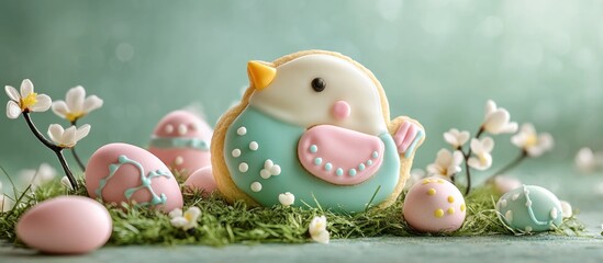 Obraz premium Easter greeting card design with iced bird cookie surrounded by decorative eggs and spring flowers on a soft green background