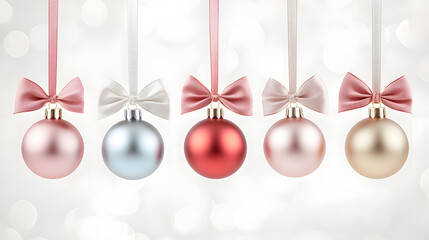 Five elegant Christmas baubles in pastel shades of pink, silver, and gold, adorned with delicate satin bows, hang against a soft, bokeh background. Perfect for holiday cards and festive designs.