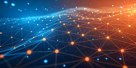 Abstract technology network with glowing dots, nodes and lines. Modern and sophisticated background for banners, posters and social media.