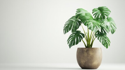 Obraz premium Monstera plant in a modern pot showcasing lush tropical leaves for indoor decoration on a clean white background