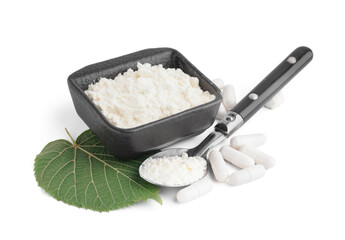 Bowl with collagen powder, spoon and pills on white background