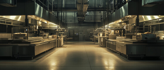 Industrial Kitchen: Stainless Steel Food Processing Equipment, Split Screen Composition, Glowing Lights