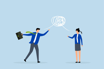 Different opinion, businessman and female coworker debating differing views to reach resolution. 