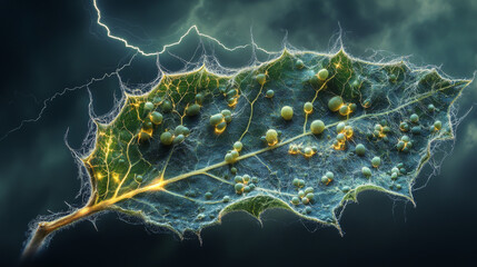 Leaf, Trichomes, Lightning Storm, Macro Photography, Hyperrealistic