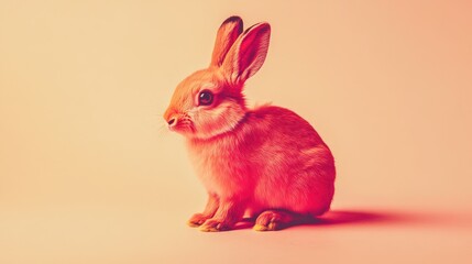 Red-colored attentive rabbit with ears perked up listening to soft sounds in a minimalist pastel background.
