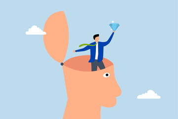 Self discovery, joyful entrepreneur achieves discovering precious gem within his mind. 