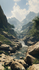 Mountain Landscape Waterfall Eroded Sandstone Dramatic Atmosphere