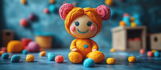 Fototapeta premium Colorful plasticine doll displayed by a woman celebrating creative hobbies and artistic expression in a vibrant, playful setting