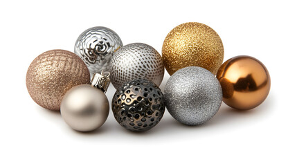 Close-up of eight elegant Christmas ornaments in varying shades of gold, silver, and bronze.  The baubles feature diverse textures, from glitter to metallic finishes, creating a festive display.