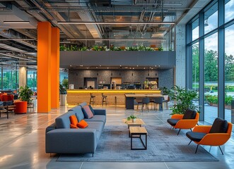 Modern office lounge area with a bar, comfortable seating, and large windows showcasing a green outdoor view. Ideal for showcasing workspace design, corporate culture, and relaxation.