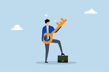 Key success for business, joyful entrepreneur with a golden key as a guitar celebrating freedom through dance. 