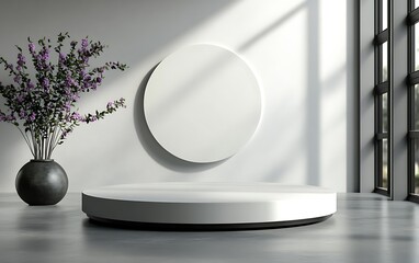 White round podium and vase with purple flowers in minimalist room.