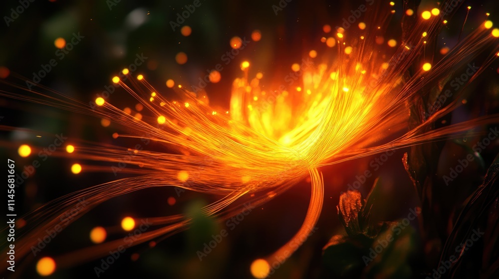 Poster illuminated optical fibers creating an abstract glowing flower design in dark environment for techno