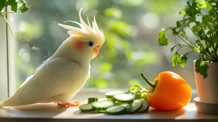 White Cockatiel Bird Enjoying Fresh Vegetables