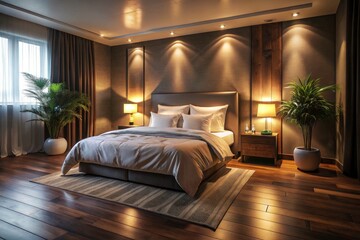 Low Light Bedroom Photography: Modern Interior Design, Crumpled Bed Linen, Cozy Night Scene