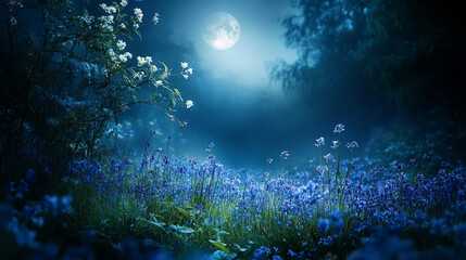 Moonlit Bluebell Meadow: Ethereal Night Garden Photography