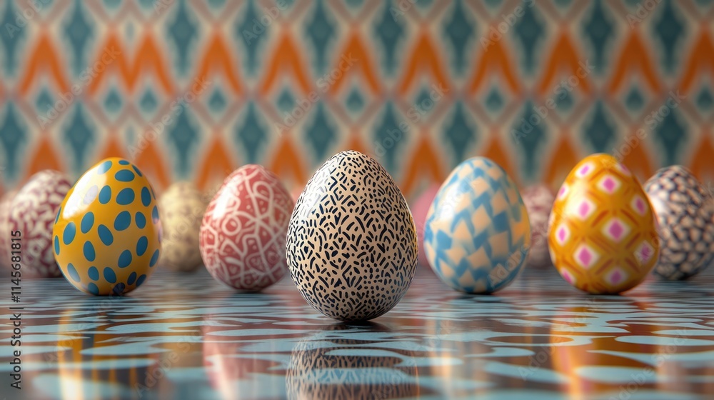 Poster colorful patterned eggs arranged on a reflective surface with vibrant background creating a festive 