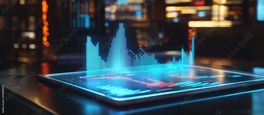 Poster forex graph hologram on a table with computer backdrop showcasing advanced financial market analysis