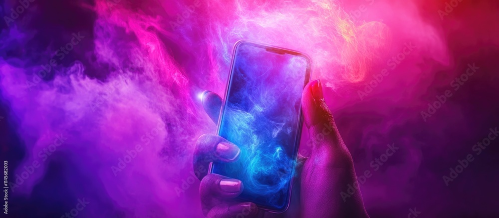 Poster hand holding a smartphone with colorful cosmic background representing communication technology and 