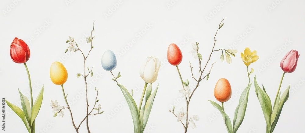 Poster spring floral arrangement featuring colorful eggs and blooms against a light background creating a f