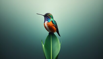 Fototapeta premium A vividly colored hummingbird rests on a large, vibrant green leaf. The background is a soft, muted green. The image evokes a sense of tranquility and the beauty of nature.