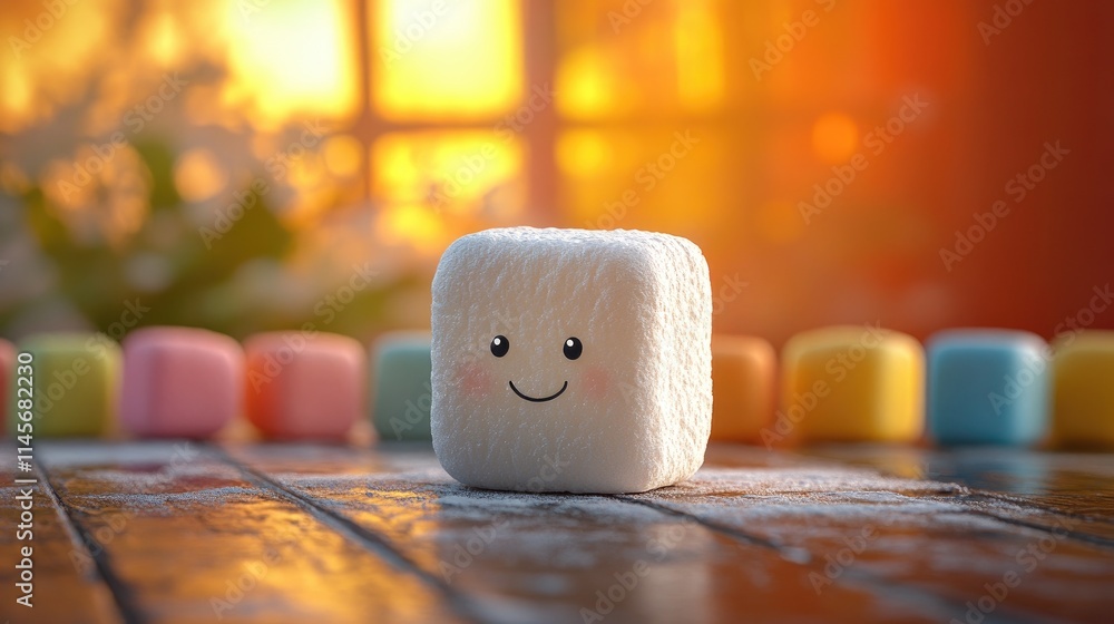 Poster cute marshmallow character with a smiling face on a wooden table against a vivid colorful background