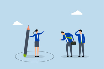Obraz premium Personal space, entrepreneur drawing personal boundary circle with pencil to shield herself from colleagues. 