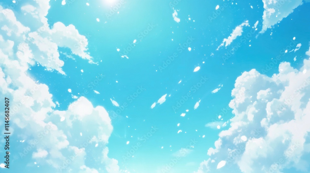 Poster clear blue sky background with fluffy white clouds creating a tranquil and serene atmosphere for des