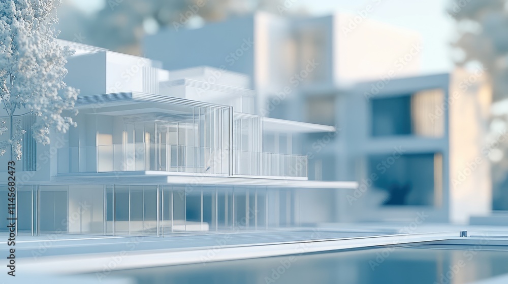 Aufkleber architectural model of modern buildings with selective focus showcasing glass structures and minimal