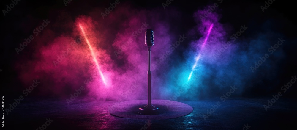 Poster stage microphone illuminated by vibrant smoke and multicolored lights creating a dynamic atmosphere 