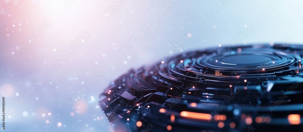 Poster close up view of a modern computer hard drive with glowing details on a white background symbolizing