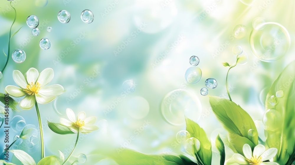 Poster vibrant floral background with bubbles and soft light creating a serene natural atmosphere in a refr