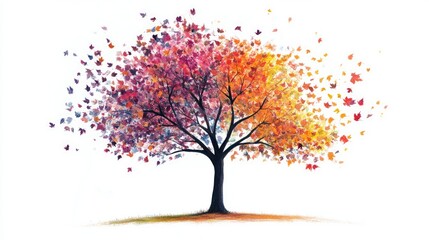 Colorful autumn tree with falling leaves isolated on a white background showcasing vibrant seasonal beauty and harmony in nature