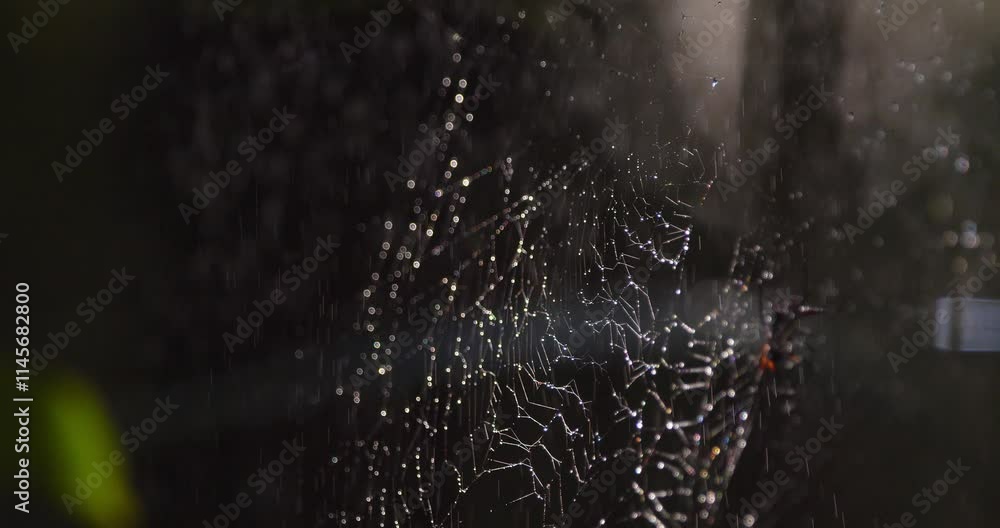 Poster spider web with spider testing the strands with background of water splashing of waterfall