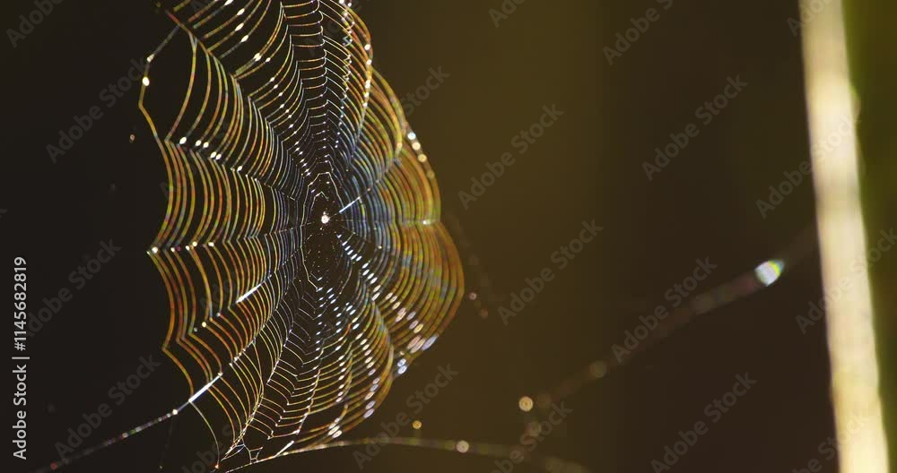 Poster beautiful spiderweb moving slowly in the wind with iridescent colors and intricate design