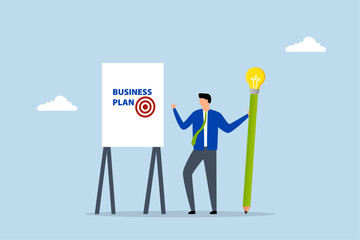 Writing business plan to list idea, entrepreneur grasping lightbulb concept pencil preparing to draft business strategy on whiteboard. 