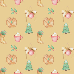 Seamless pattern with Christmas trees, ornaments, socks, mugs, sweaters and berries