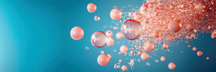 Allergy awareness week concept: floating particles on blue background. Horizontal banner. Copy space