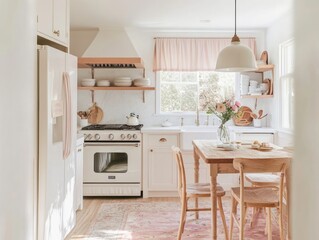 Bright White Kitchen With Light Wood Dining Set