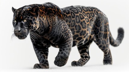 Obraz premium Majestic black jaguar isolated on transparent background for wildlife design projects featuring stealthy and powerful big cats in high-resolution, ideal for exotic animal and nature-themed concepts.