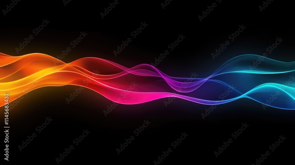 Poster vibrant electric waves blending in soft gradients on a dark background creating an abstract holograp
