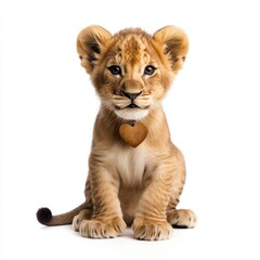 Obraz premium Baby lion cub with heart-shaped tag wildlife photography studio setting high fidelity adorable concept