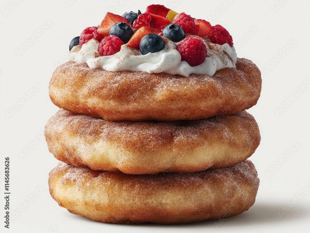 Poster a stack of three doughnuts topped with whipped cream and mixed berries.
