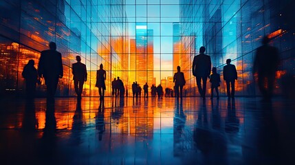 A silhouette of business people in a meeting, blurred in motion, suggesting a busy and futuristic workplace. The image represents corporate project planning and financial discussions.