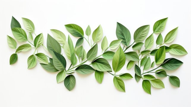 Fototapeta Delicate arrangement of green paper leaves on a white background for eco-friendly and nature-themed designs
