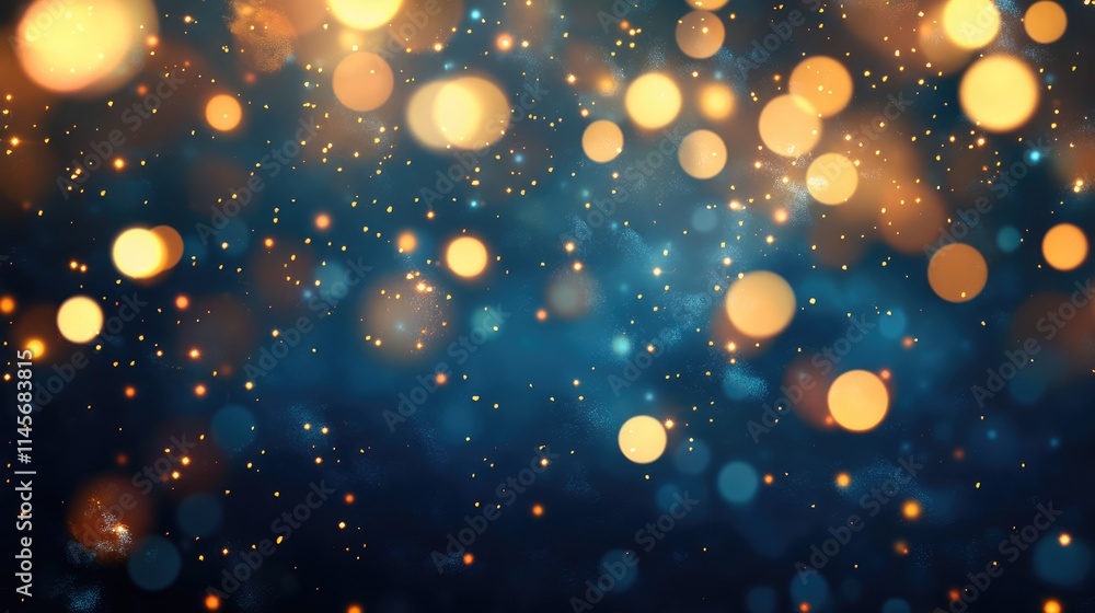 Poster abstract shimmering bokeh lights in warm colors against a blue background creating a festive and mag